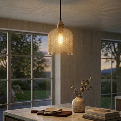Elegancka ZŁOTA lampa wisząca 1-punktowa ROCCO - ozdobny klosz bursztynowy E27