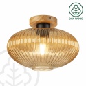 Nowoczesna lampa sufitowa MILOU z drewnem dębowym, bursztynowy klosz E27