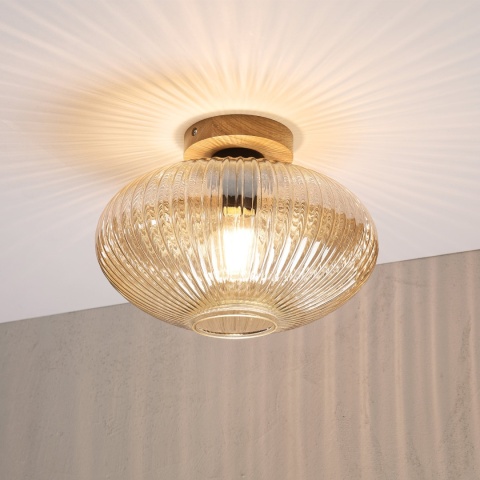 Nowoczesna lampa sufitowa MILOU z drewnem dębowym, bursztynowy klosz E27