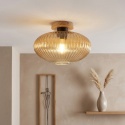 Nowoczesna lampa sufitowa MILOU z drewnem dębowym, bursztynowy klosz E27