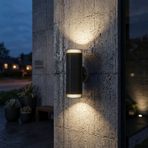 Nowoczesna lampa ogrodowa 2-punktowa - kinkiet LANTHEA czarny IP44 klosz ryflowany GU10