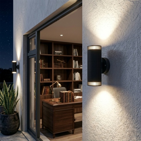 Nowoczesna lampa ogrodowa 2-punktowa - kinkiet LANTHEA czarny IP44 klosz ryflowany GU10