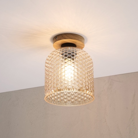 Nowoczesna lampa sufitowa ROCCO z drewnem dębowym, bursztynowy klosz E27