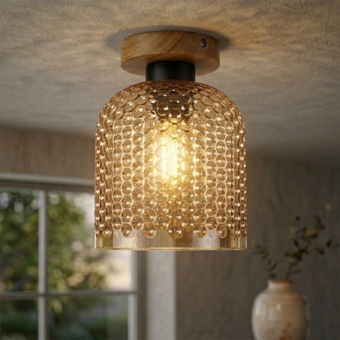 Nowoczesna lampa sufitowa ROCCO z drewnem dębowym, bursztynowy klosz E27