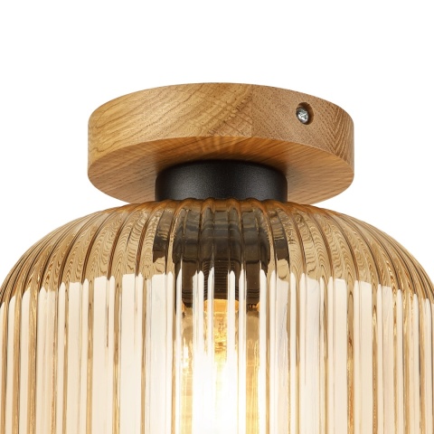 Nowoczesna lampa sufitowa MILOU z drewnem dębowym, bursztynowy klosz E27