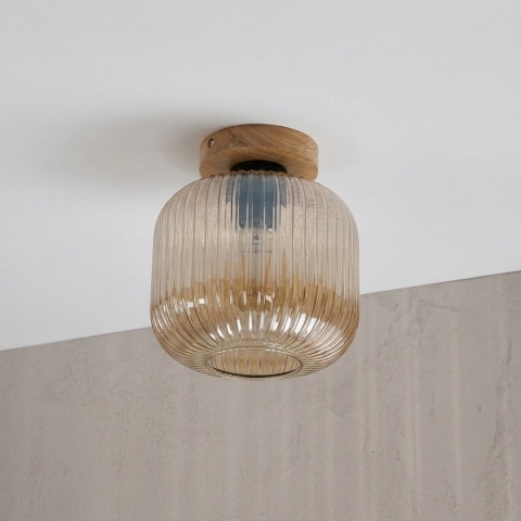 Nowoczesna lampa sufitowa MILOU z drewnem dębowym, bursztynowy klosz E27