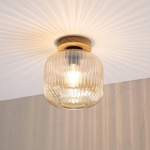 Nowoczesna lampa sufitowa MILOU z drewnem dębowym, bursztynowy klosz E27