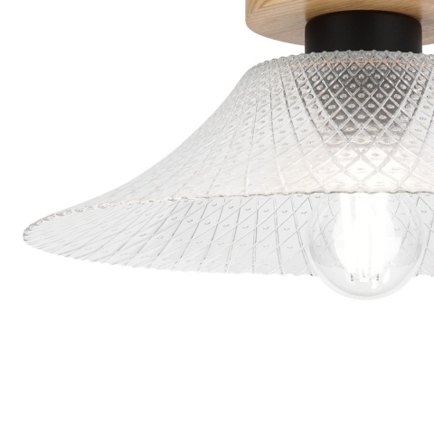 Nowoczesna lampa sufitowa JULL z drewnem dębowym, szklany tłoczony klosz E27