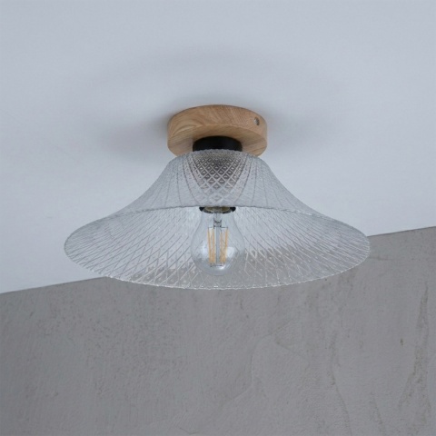 Nowoczesna lampa sufitowa JULL z drewnem dębowym, szklany tłoczony klosz E27