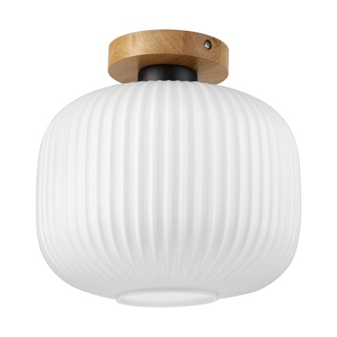 Nowoczesna lampa sufitowa HARMA z drewnem dębowym, szklany ryflowany klosz E E27