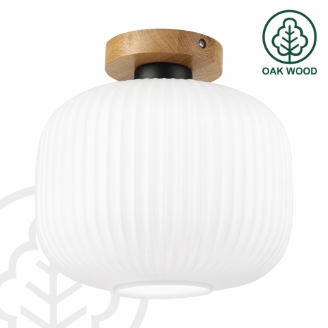 Nowoczesna lampa sufitowa HARMA z drewnem dębowym, szklany ryflowany klosz E E27