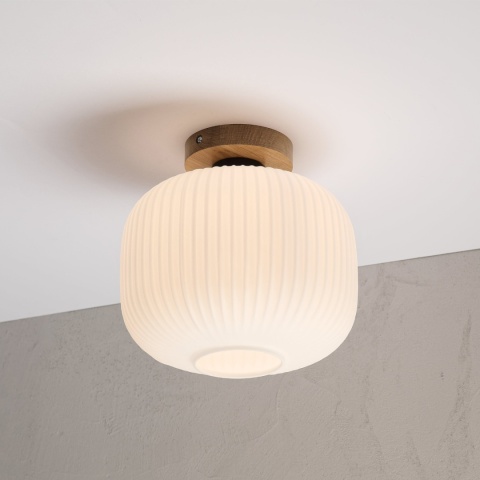 Nowoczesna lampa sufitowa HARMA z drewnem dębowym, szklany ryflowany klosz E E27