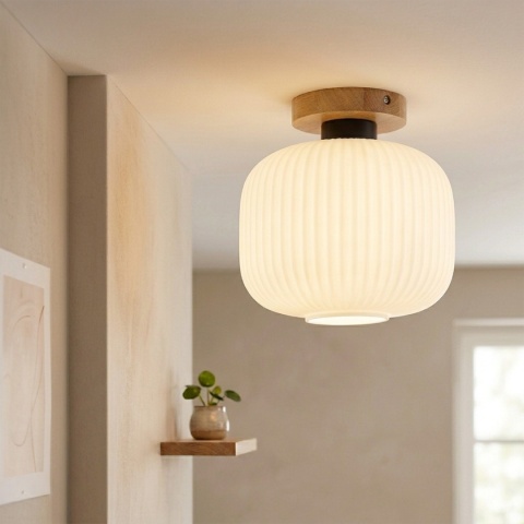 Nowoczesna lampa sufitowa HARMA z drewnem dębowym, szklany ryflowany klosz E E27