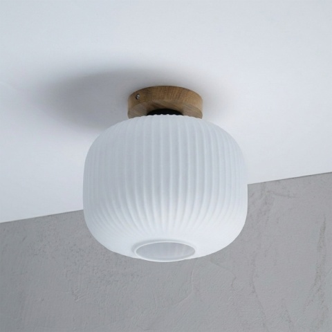 Nowoczesna lampa sufitowa HARMA z drewnem dębowym, szklany ryflowany klosz E E27