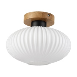 Nowoczesna lampa sufitowa HARMA z drewnem dębowym, szklany ryflowany klosz E27
