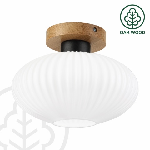 Nowoczesna lampa sufitowa HARMA z drewnem dębowym, szklany ryflowany klosz E27