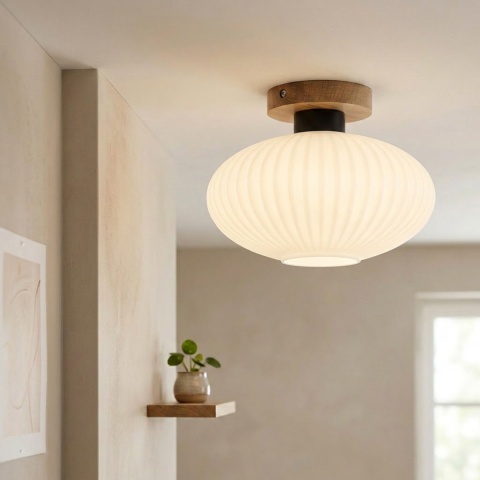 Nowoczesna lampa sufitowa HARMA z drewnem dębowym, szklany ryflowany klosz E27
