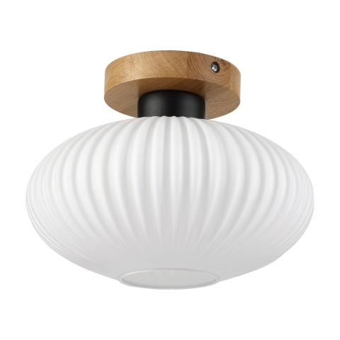 Nowoczesna lampa sufitowa HARMA z drewnem dębowym, szklany ryflowany klosz E27
