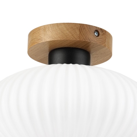 Nowoczesna lampa sufitowa HARMA z drewnem dębowym, szklany ryflowany klosz E27