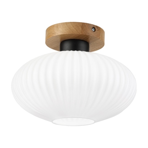 Nowoczesna lampa sufitowa HARMA z drewnem dębowym, szklany ryflowany klosz E27