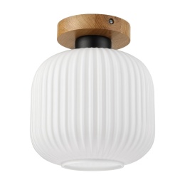Nowoczesna lampa sufitowa HARMA z drewnem dębowym, szklany ryflowany klosz E27