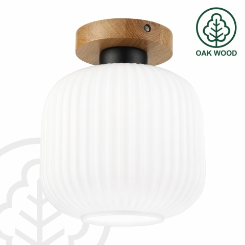 Nowoczesna lampa sufitowa HARMA z drewnem dębowym, szklany ryflowany klosz E27