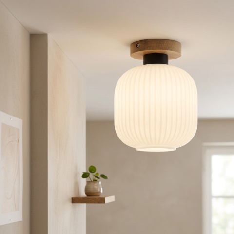 Nowoczesna lampa sufitowa HARMA z drewnem dębowym, szklany ryflowany klosz E27