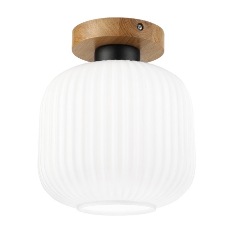 Nowoczesna lampa sufitowa HARMA z drewnem dębowym, szklany ryflowany klosz E27