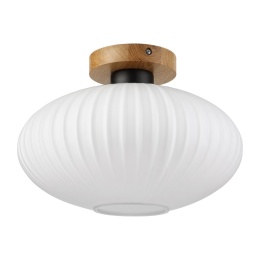 Nowoczesna lampa sufitowa HARMA z drewnem dębowym, szklany ryflowany klosz D E27