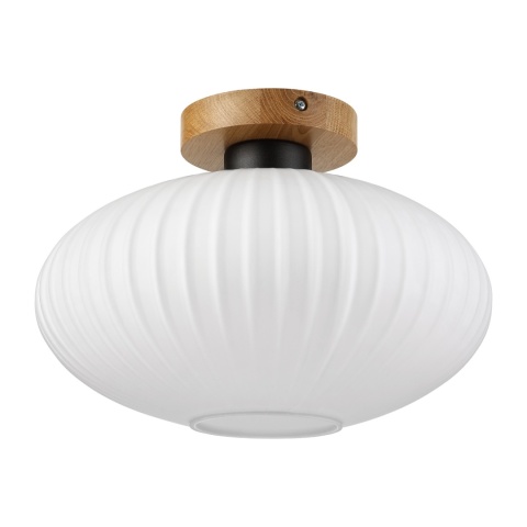 Nowoczesna lampa sufitowa HARMA z drewnem dębowym, szklany ryflowany klosz D E27