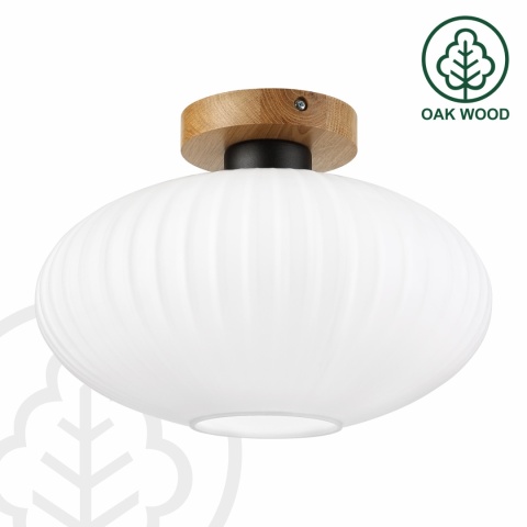 Nowoczesna lampa sufitowa HARMA z drewnem dębowym, szklany ryflowany klosz D E27
