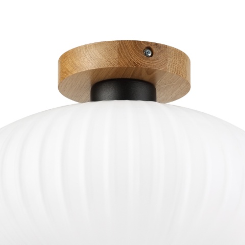 Nowoczesna lampa sufitowa HARMA z drewnem dębowym, szklany ryflowany klosz D E27