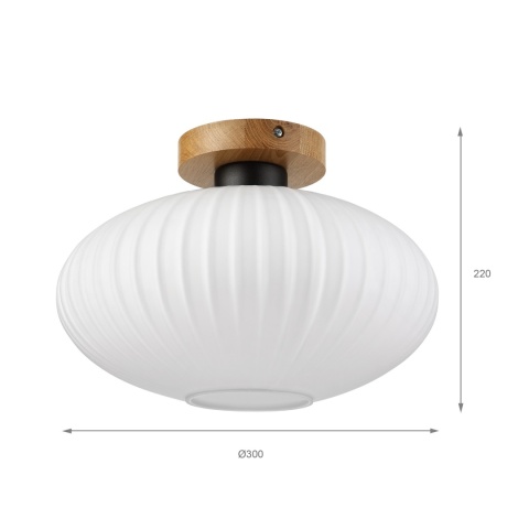 Nowoczesna lampa sufitowa HARMA z drewnem dębowym, szklany ryflowany klosz D E27