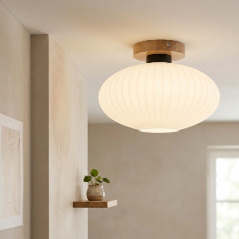 Nowoczesna lampa sufitowa HARMA z drewnem dębowym, szklany ryflowany klosz D E27