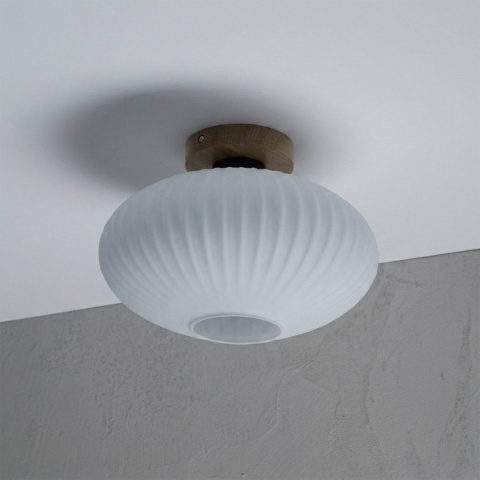 Nowoczesna lampa sufitowa HARMA z drewnem dębowym, szklany ryflowany klosz D E27