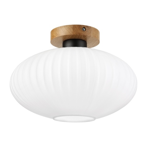 Nowoczesna lampa sufitowa HARMA z drewnem dębowym, szklany ryflowany klosz D E27