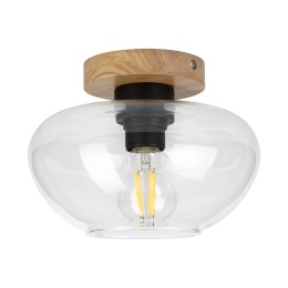 Nowoczesna lampa sufitowa FLO z drewnem dębowym, szklany klosz E27