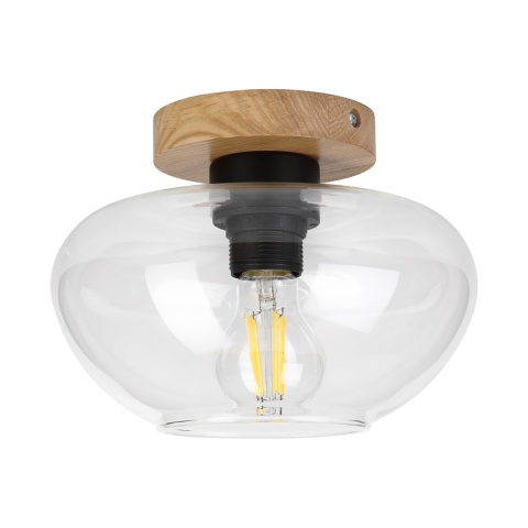 Nowoczesna lampa sufitowa FLO z drewnem dębowym, szklany klosz E27