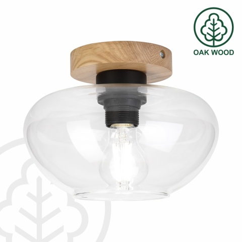 Nowoczesna lampa sufitowa FLO z drewnem dębowym, szklany klosz E27
