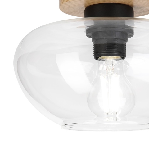Nowoczesna lampa sufitowa FLO z drewnem dębowym, szklany klosz E27
