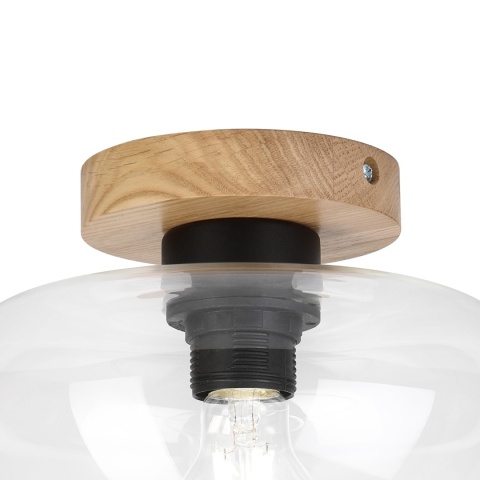 Nowoczesna lampa sufitowa FLO z drewnem dębowym, szklany klosz E27