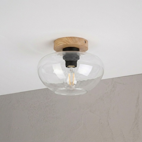 Nowoczesna lampa sufitowa FLO z drewnem dębowym, szklany klosz E27