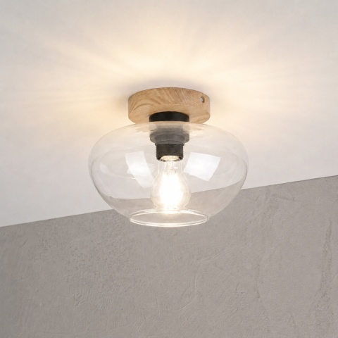 Nowoczesna lampa sufitowa FLO z drewnem dębowym, szklany klosz E27