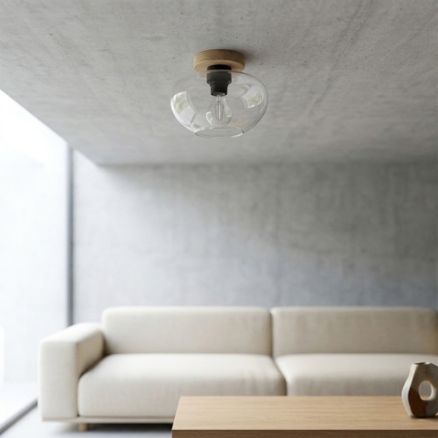 Nowoczesna lampa sufitowa FLO z drewnem dębowym, szklany klosz E27