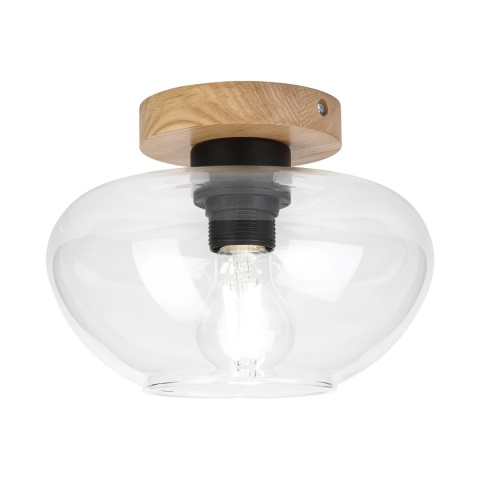 Nowoczesna lampa sufitowa FLO z drewnem dębowym, szklany klosz E27