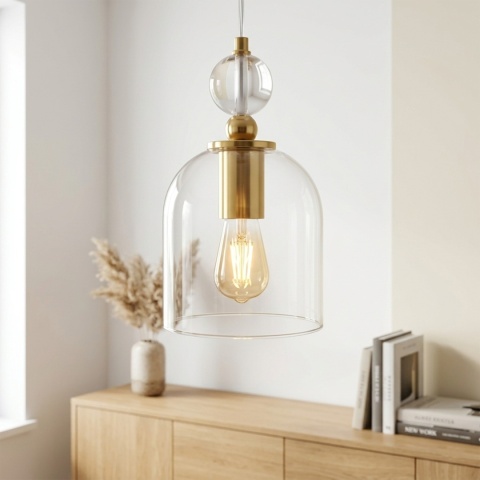 Elegancka lampa wisząca 1-punktowa VELARE złota E27 szklany klosz