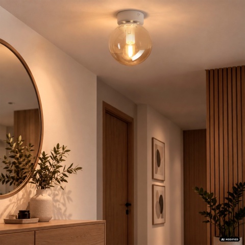 Elegancka lampa sufitowa ELIAS 1- punktowa BIAŁA E14 z bursztynowym kloszem