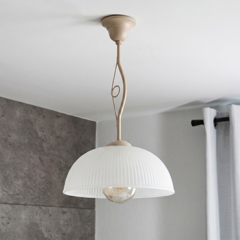 Elegancka lampa wisząca RETRO 1- punktowa BEŻOWA, szklany ryflowany klosz E27