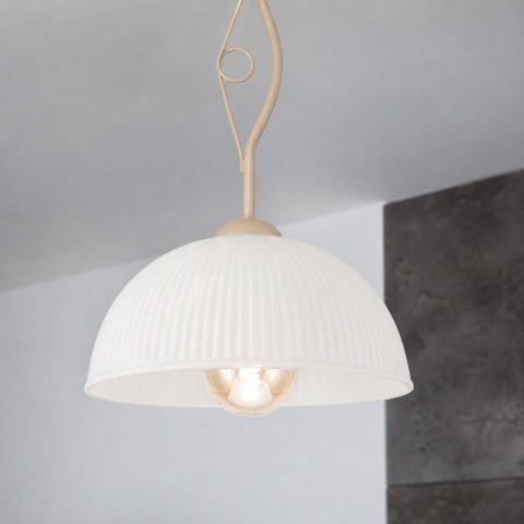 Elegancka lampa wisząca RETRO 1- punktowa BEŻOWA, szklany ryflowany klosz E27